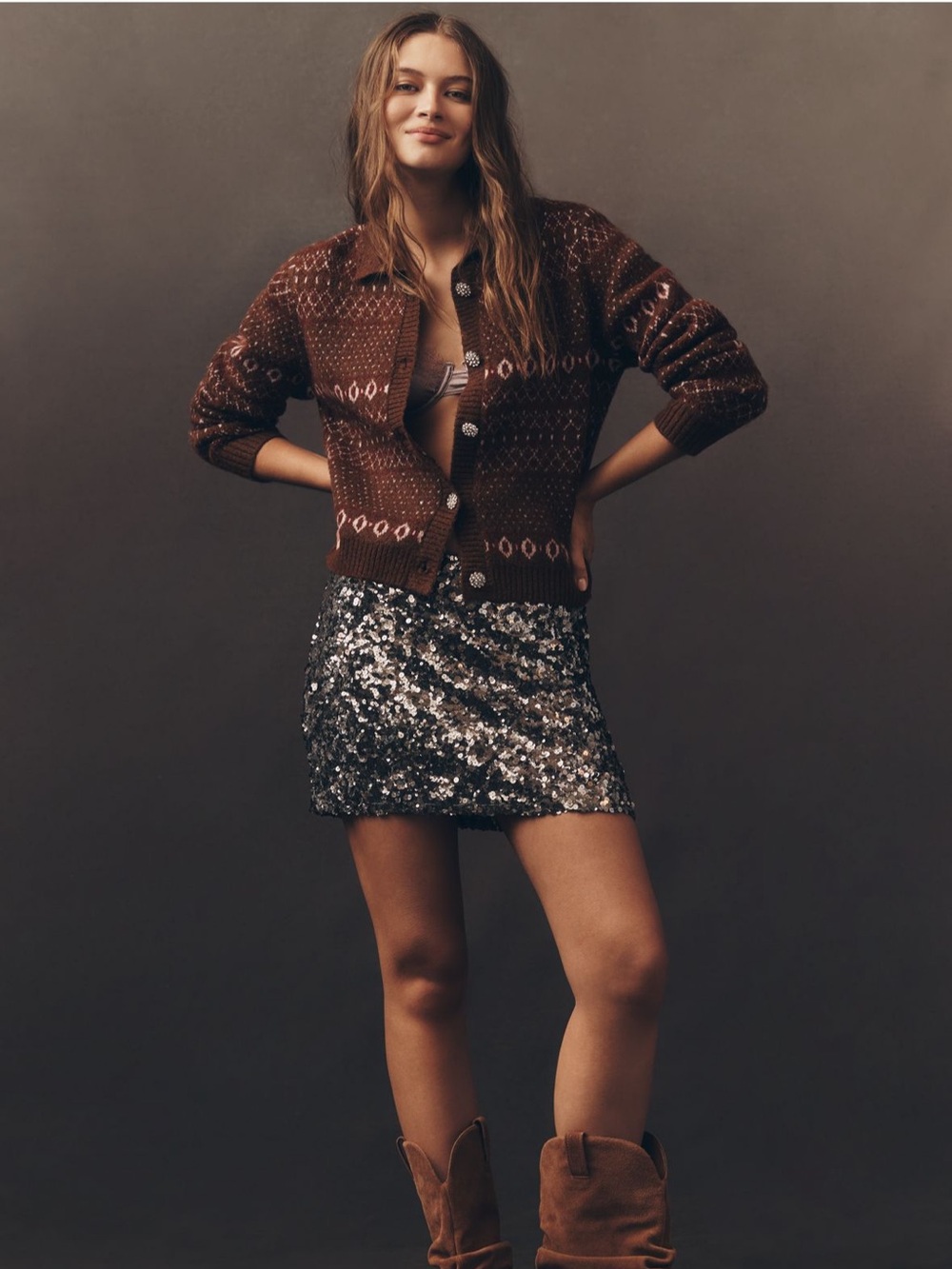 Anthropology Design History Brown Knit Cardigan with Cream Pattern - Picture 3 of 10